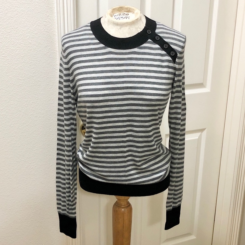 Gap Super Soft Gray Striped Sweater with Black Trim and Side-Button Collar - M